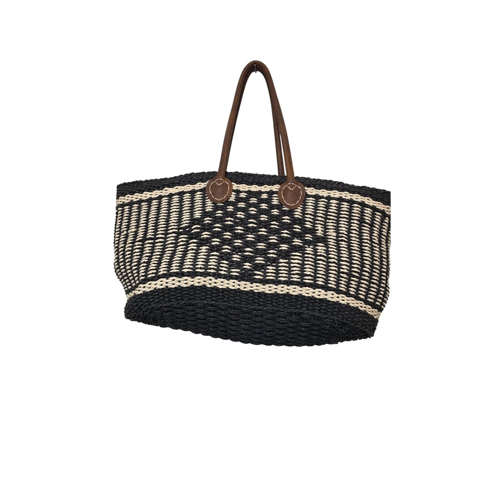 Merona Woven Straw Tote Bag Womens XXL Black Cream Beach Market Shoulder Bag